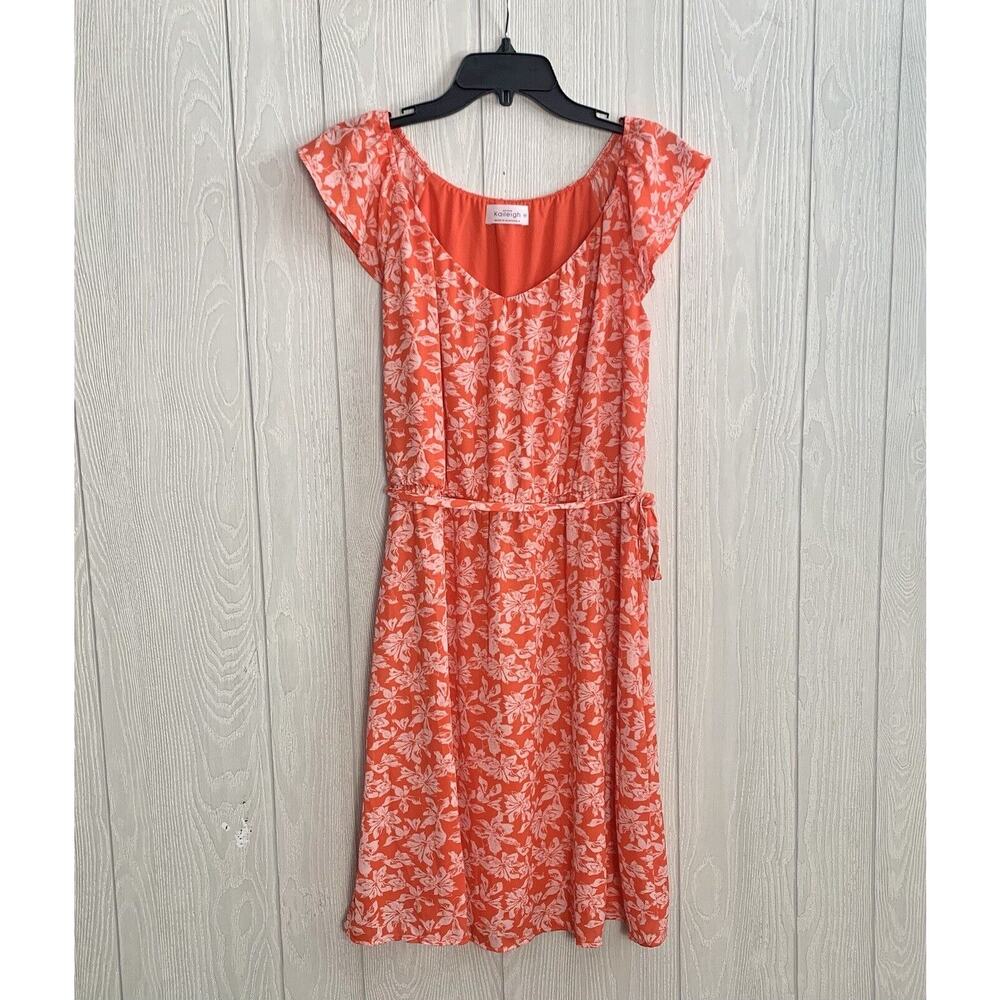 Kaileigh Orange Coral Floral Print Short Sleeve Dress Petite SP NWOT